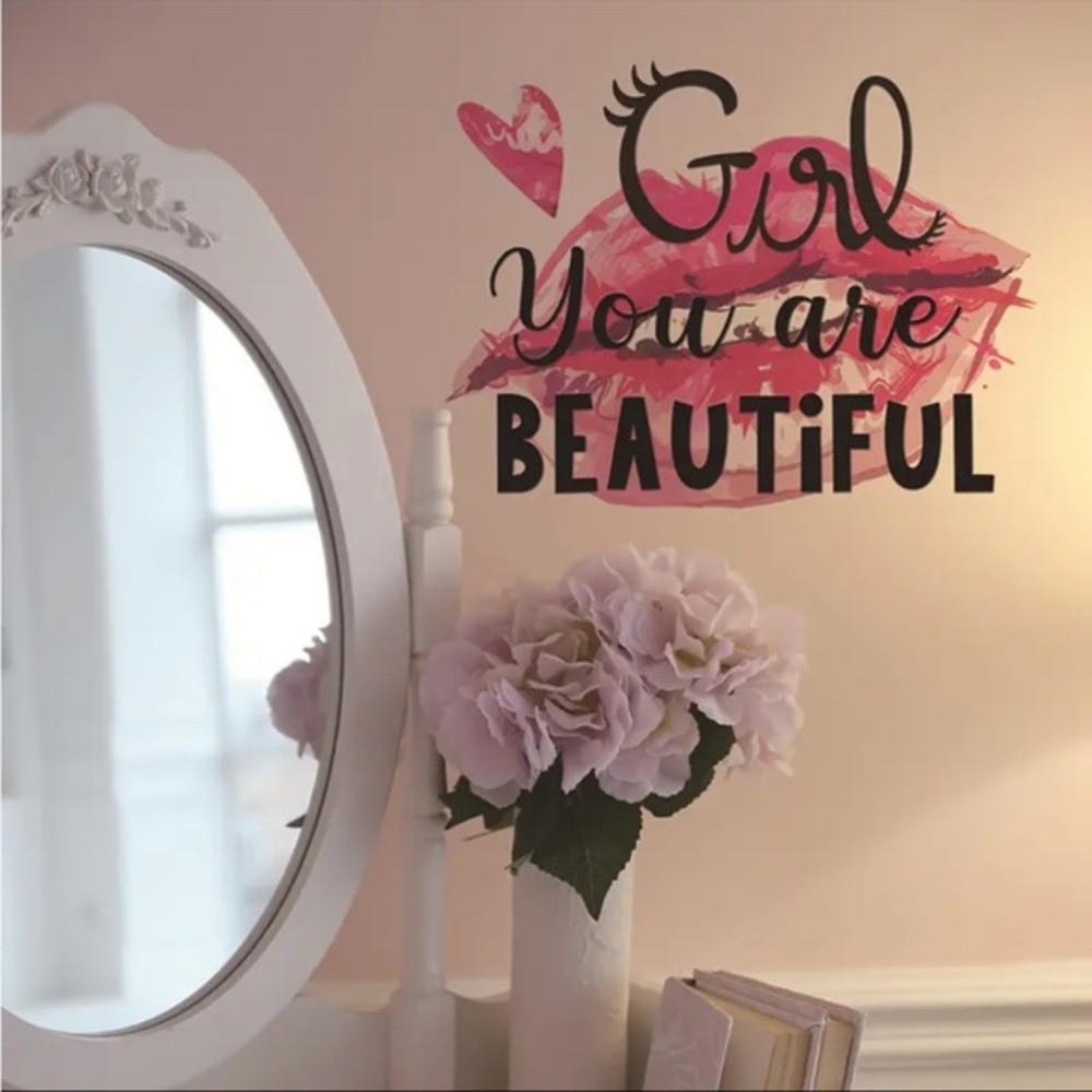 Girl You Are Beautiful Wall Decal Pink Black Inspirational Art